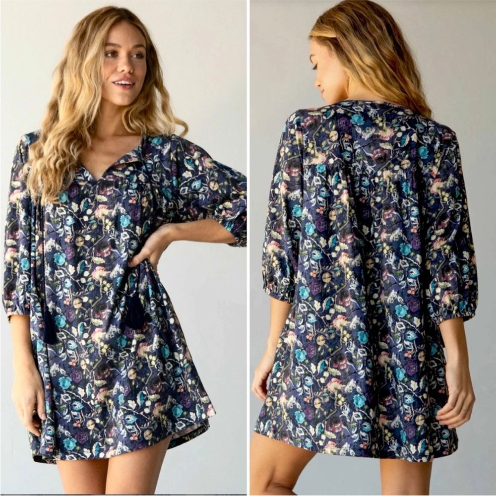NATURAL LIFE Lia Floral Mini Dress in Navy Peacock Cotton Boho Jewel Tones